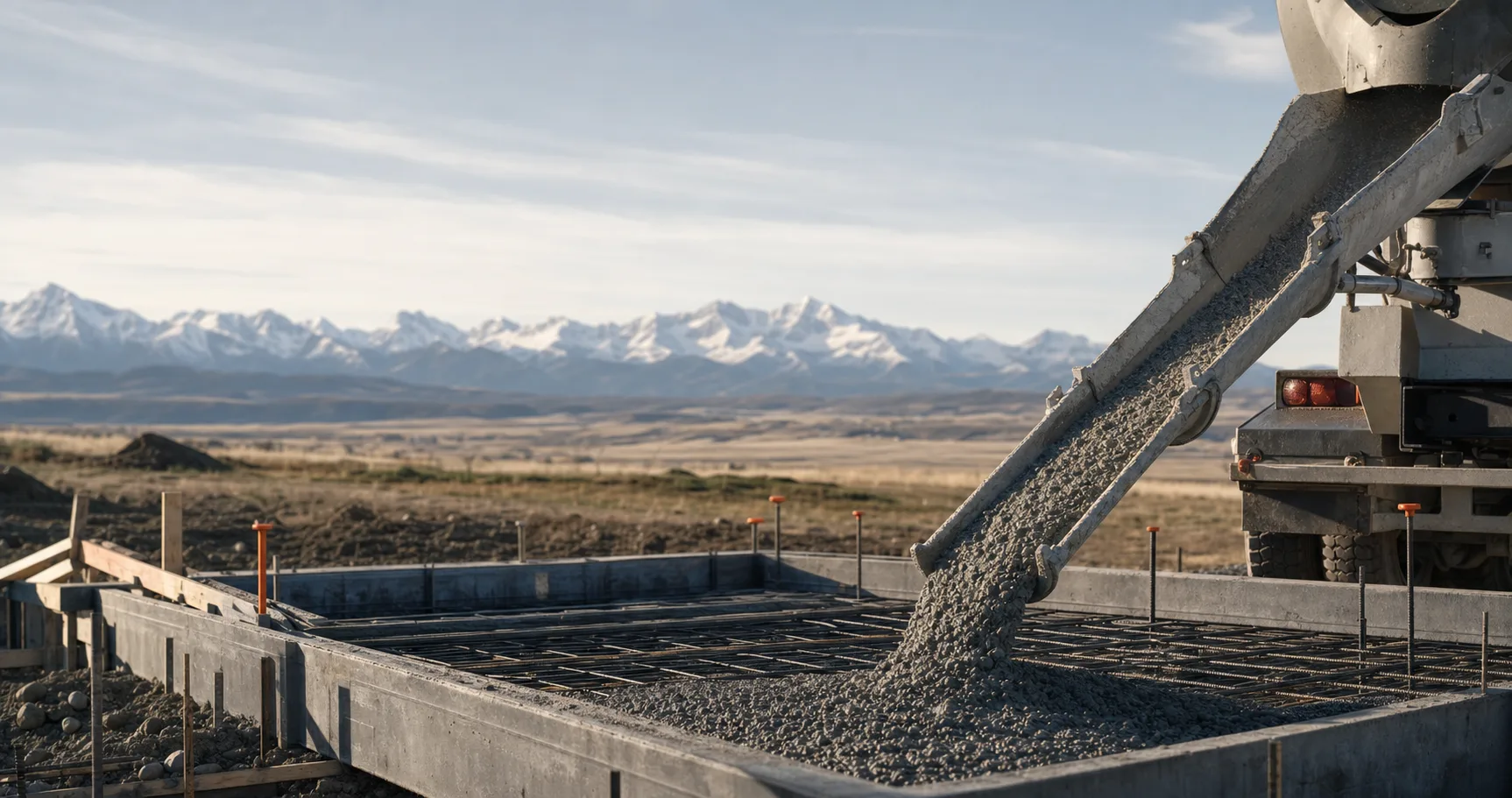 Fresh concrete being placed in a reinforced foundation at a Montana jobsite
